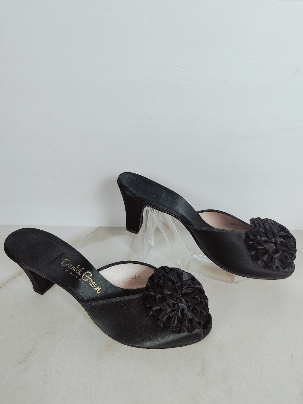 VTG Daniel Green Black Satin Pouf Slip On Heels Mules, Sz 10